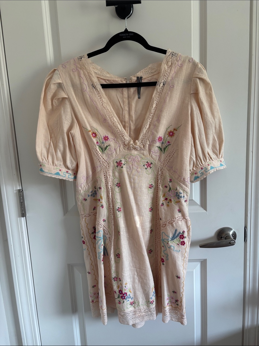 Anthropologie Cream Mini Dress with Pink and Blue Floral Embroidery